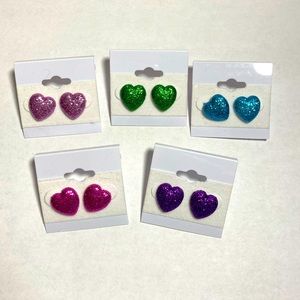 5 Pairs of Retro multi-colored Glitter Heart Earrings